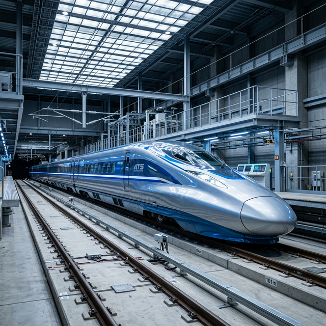 A sleek modern high-speed bullet train in a futuristic testing facility with polished silver and blue metallic body gleaming under bright studio lights showing aerodynamic design and precision engineering
